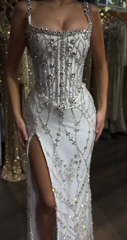 Chic White Prom Dress Sheath Tulle Sequins Long Evening Dress ED10679