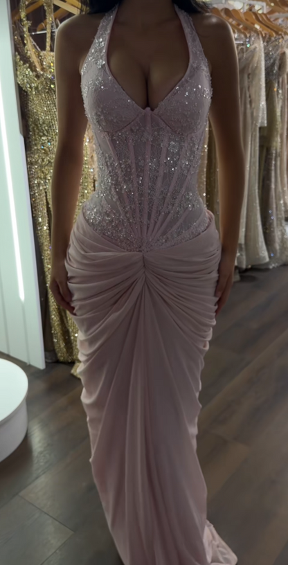 Chic Pink Prom Dress Sheath Chiffon Lace Long Evening Dress ED10680