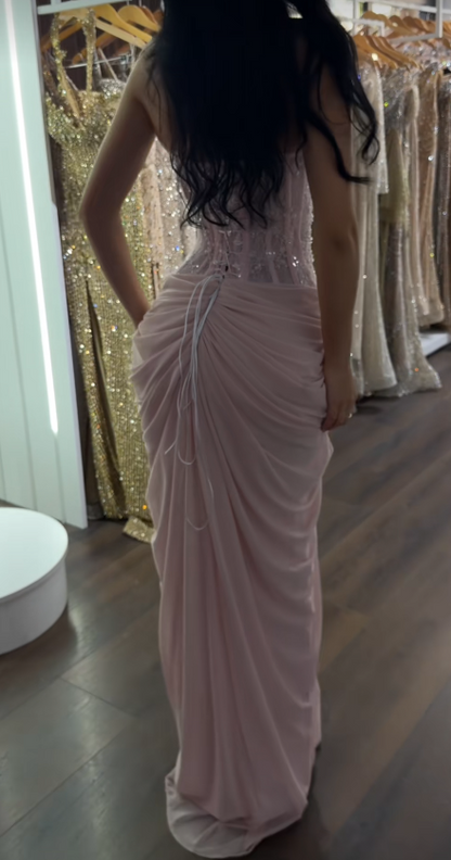 Chic Pink Prom Dress Sheath Chiffon Lace Long Evening Dress ED10680