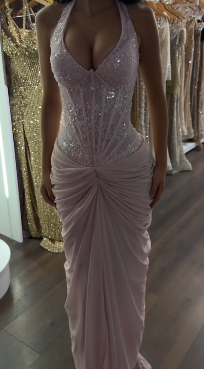 Chic Pink Prom Dress Sheath Chiffon Lace Long Evening Dress ED10680