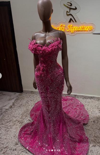 Chic Hot Pink Prom Dress Sheath Tulle Beaded Long Evening Dress ED10681