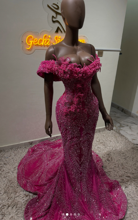 Chic Hot Pink Prom Dress Sheath Tulle Beaded Long Evening Dress ED10681