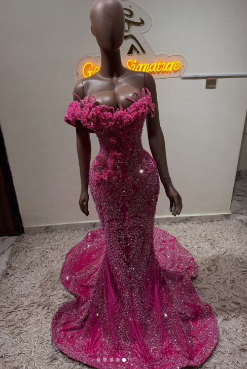 Chic Hot Pink Prom Dress Sheath Tulle Beaded Long Evening Dress ED10681