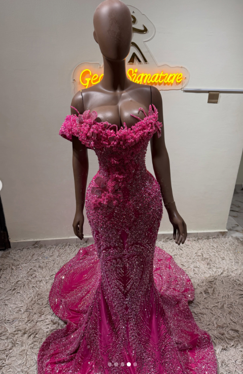 Chic Hot Pink Prom Dress Sheath Tulle Beaded Long Evening Dress ED10681