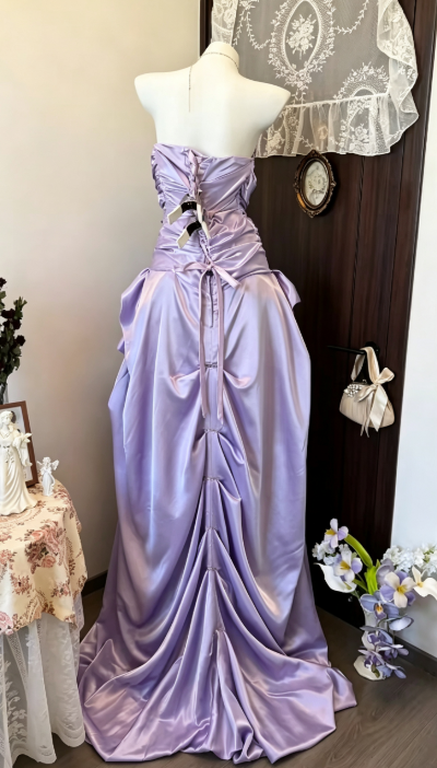 Jolie Robe Courte de Soirée de Rentrée Lilas, Coupe Princesse, en Satin, pour Anniversaire ED10689