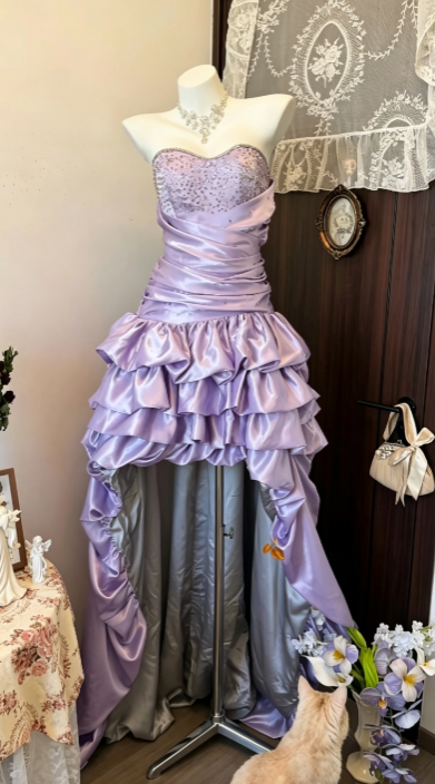 Jolie Robe Courte de Soirée de Rentrée Lilas, Coupe Princesse, en Satin, pour Anniversaire ED10689