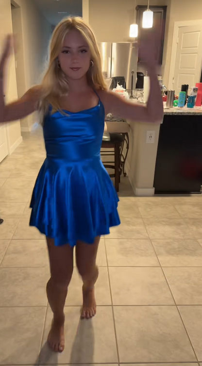 Hübsches kurzes blaues Homecoming-Kleid, A-Linie, Satin, Geburtstagskleid ED10701