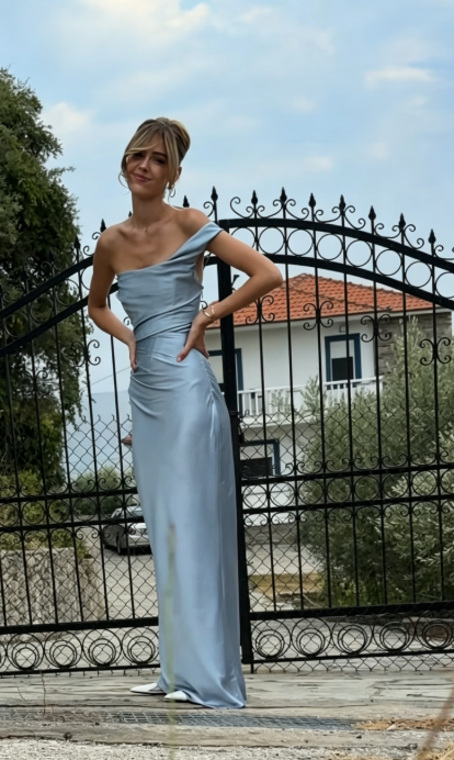 Robe de bal chic bleue satin fourreau longue robe de soirée ED10705
