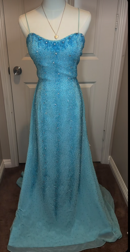 Robe de bal chic bleue fourreau en mousseline ornée de perles longue robe de soirée ED10712