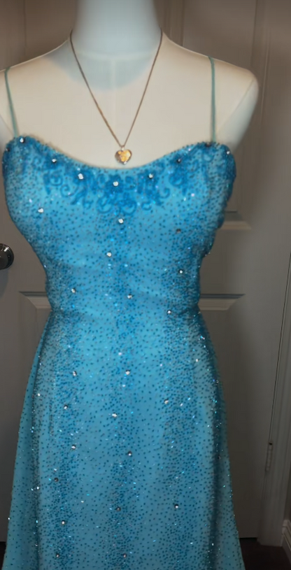 Robe de bal chic bleue fourreau en mousseline ornée de perles longue robe de soirée ED10712