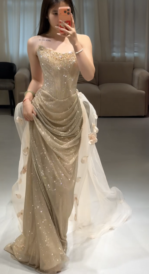 Robe de bal chic dorée fourreau tulle longue robe de soirée ED10714