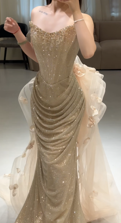 Robe de bal chic dorée fourreau tulle longue robe de soirée ED10714