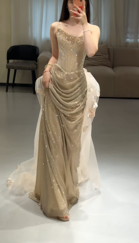 Robe de bal chic dorée fourreau tulle longue robe de soirée ED10714
