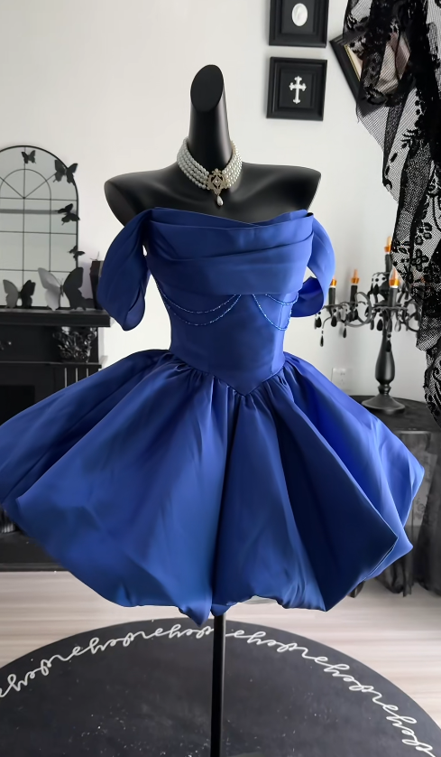 Glam Blue Short Homecoming Dress A-Line Satin Birthday Dress ED10716