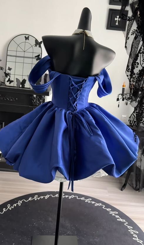 Glam Blue Short Homecoming Dress A-Line Satin Birthday Dress ED10716