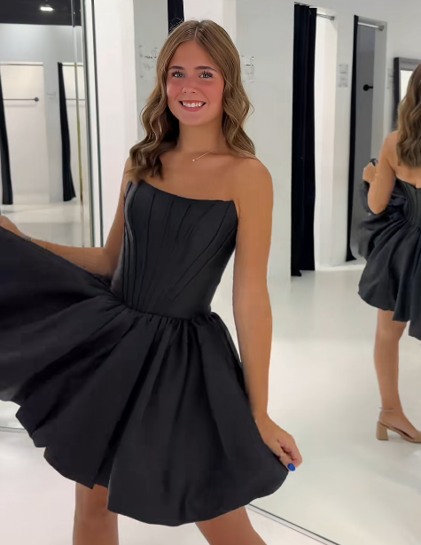 Glam Black Short Homecoming Dress A-Line Satin Birthday Dress ED10723
