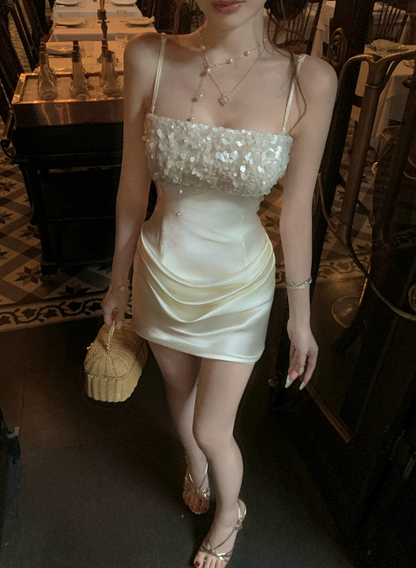 Glam Ivory Short Homecoming Dress Sheath Satin Birthday Dress ED10738