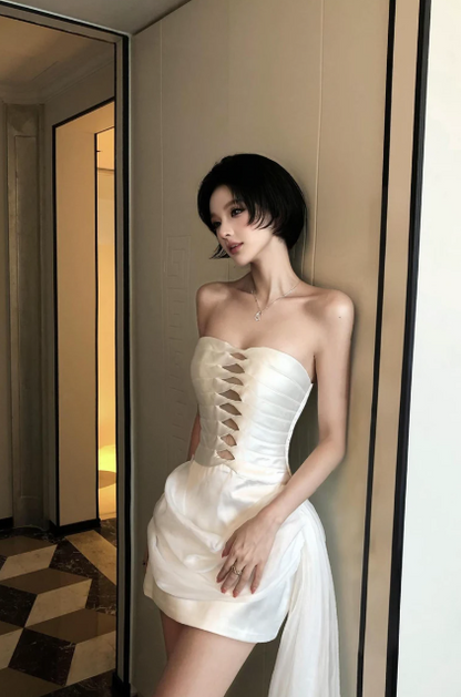 Glam White Short Homecoming Dress Sheath Satin Birthday Dress ED10739