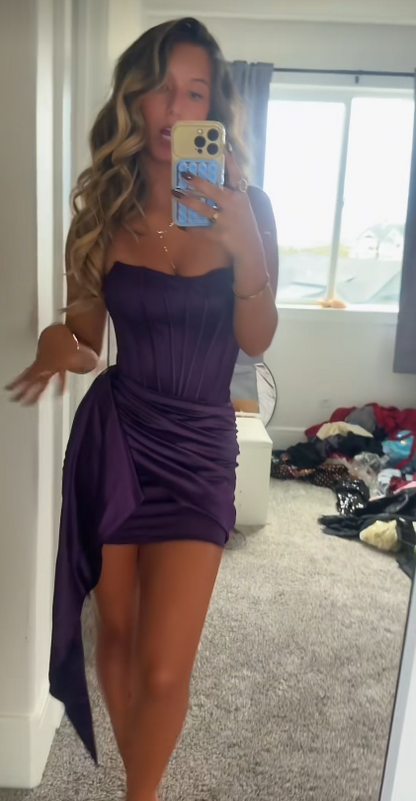 Glam Dark Purple Short Homecoming Dress Sheath Satin Birthday Dress ED10741