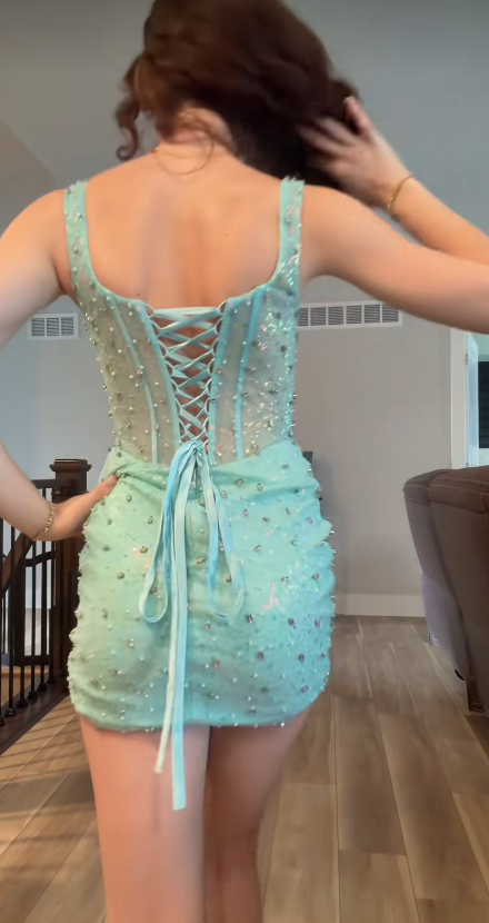 Glam Tiffany Blue Short Homecoming Dress Sheath Chiffon Beaded Birthday Dress ED10742