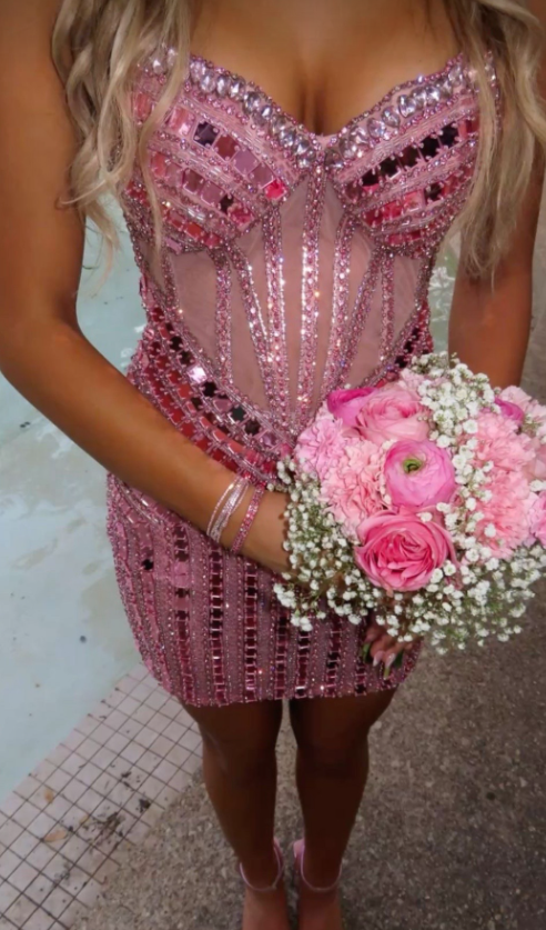 Glam Pink Short Homecoming Dress Sheath Tulle Beaded Birthday Dress ED10745