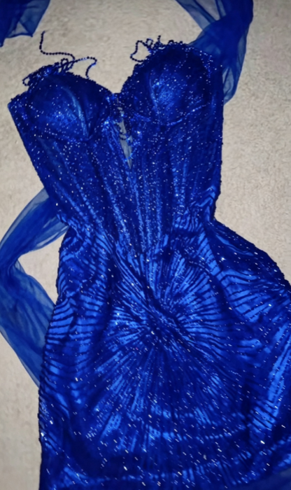 Glam Blue Short Homecoming Dress Sheath Tulle Birthday Dress ED10747