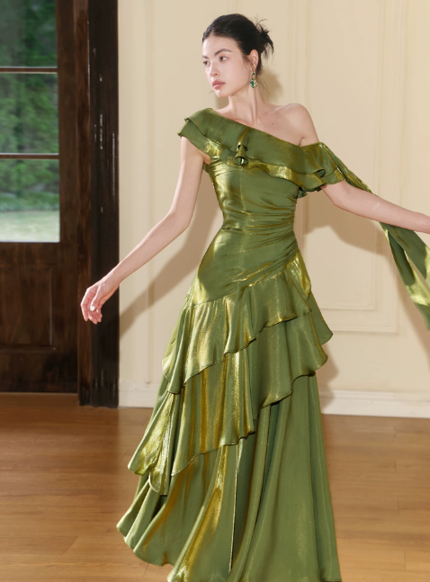 Glam Green Prom Dress Birthday Party Dress A-Line Satin Long Evening Dress ED10751