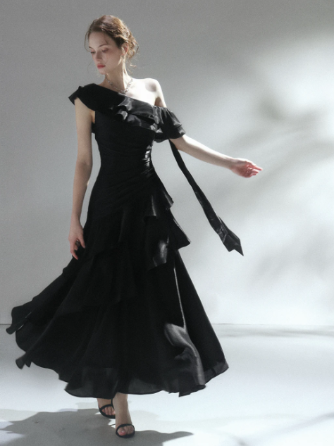 Glam Black Prom Dress Birthday Party Dress A-Line Satin Long Evening Dress ED10752
