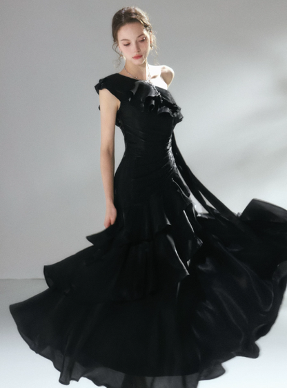 Glam Black Prom Dress Birthday Party Dress A-Line Satin Long Evening Dress ED10752