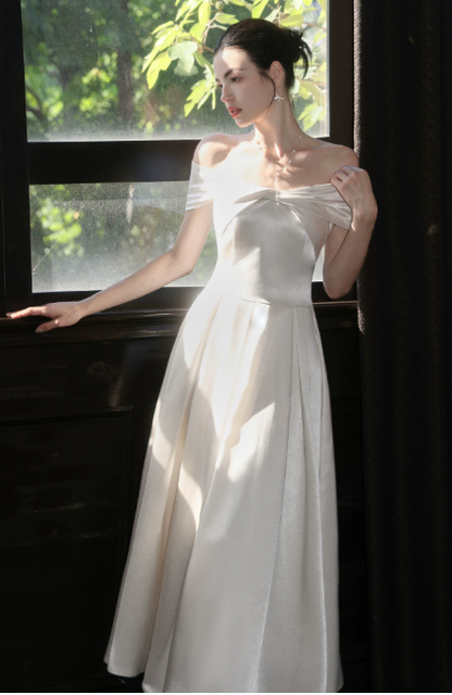 Glam White Prom Dress Birthday Party Dress A-Line Satin Long Evening Dress ED10753