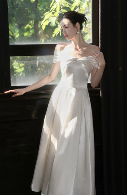 Glam White Prom Dress Birthday Party Dress A-Line Satin Long Evening Dress ED10753