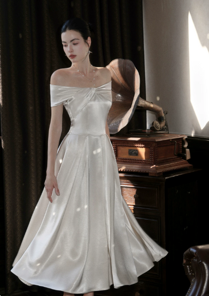 Glam White Prom Dress Birthday Party Dress A-Line Satin Long Evening Dress ED10753