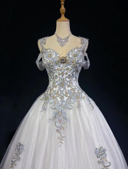 Gorgeous White Prom Dress Sweet 16 Birthday Dress Sheath Tulle Applique Long Evening Dress ED10755