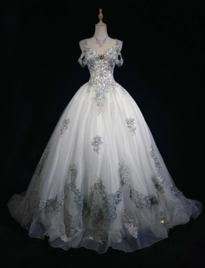 Gorgeous White Prom Dress Sweet 16 Birthday Dress Sheath Tulle Applique Long Evening Dress ED10755