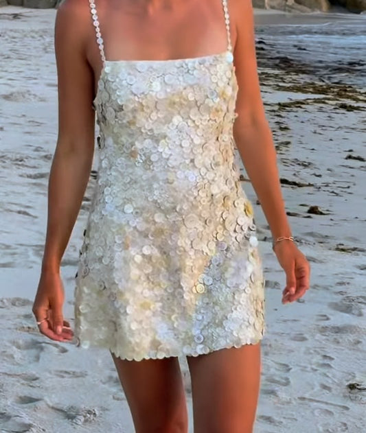 Chic Robe de bal de fin d'année courte blanche à sequins, robe de soirée longue fourreau ED10770