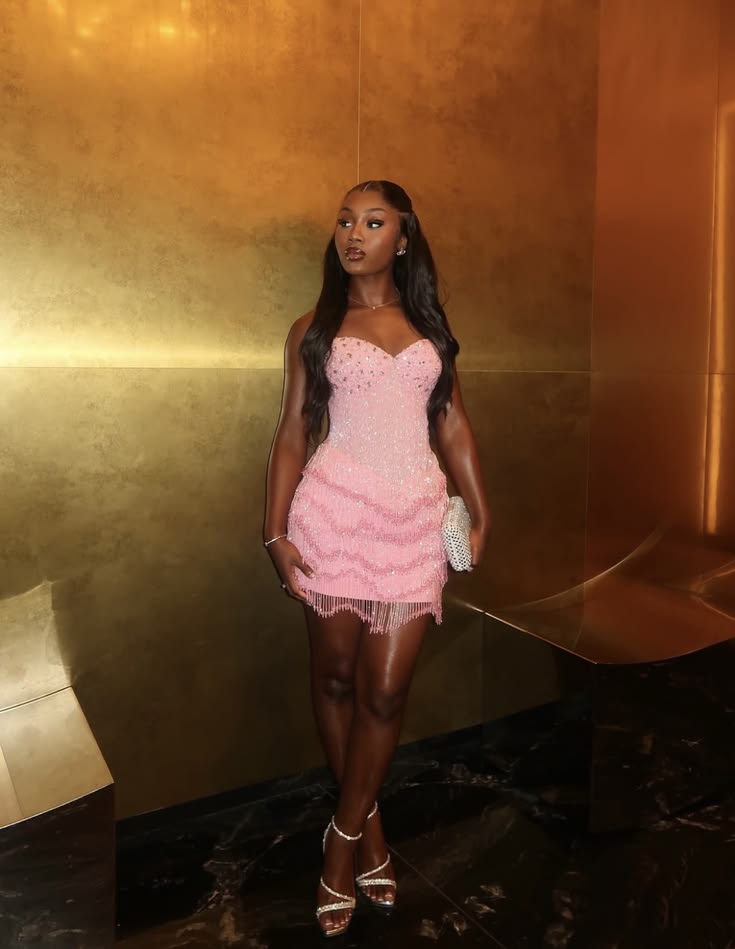 Chic Pink Short Homecoming Dress Sequins Sheath Long Evening Dress ED10790