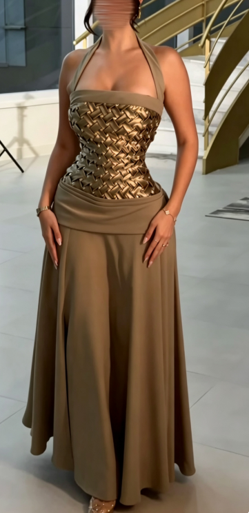 Robe de soirée longue fourreau en satin, élégante et marron clair ED10797