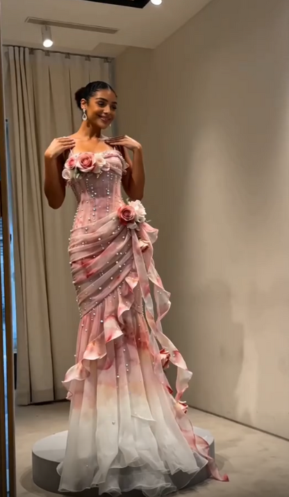 Robe de bal fourreau rose magnifique en mousseline longue robe de soirée ED10807