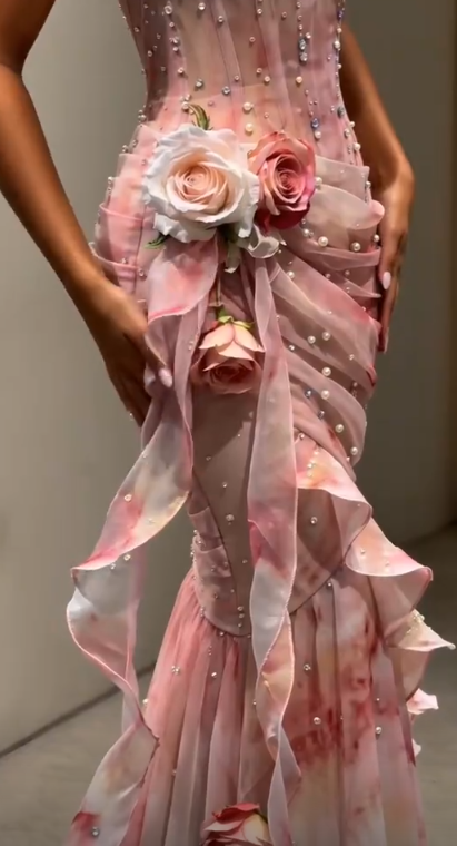 Robe de bal fourreau rose magnifique en mousseline longue robe de soirée ED10807