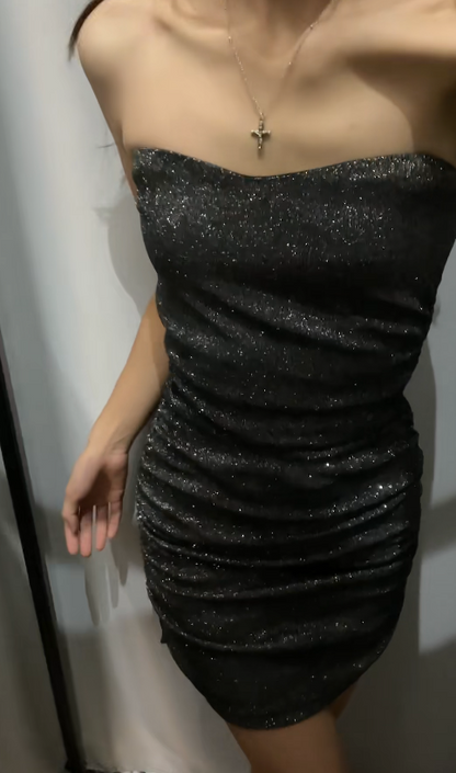 Fashion Black Short Homecoming Dress Sheath Satin Birthday Dress ED10831