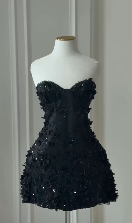 Fashion Black Short Homecoming Dress Sheath Tulle Applique Birthday Dress ED10835