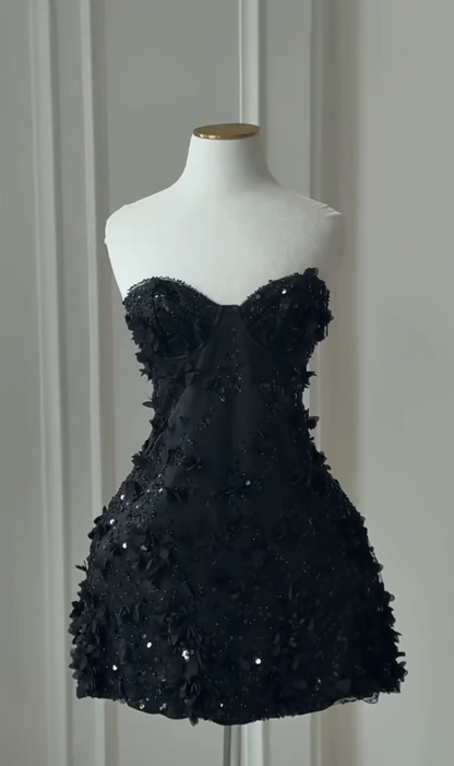 Fashion Black Short Homecoming Dress Sheath Tulle Applique Birthday Dress ED10835