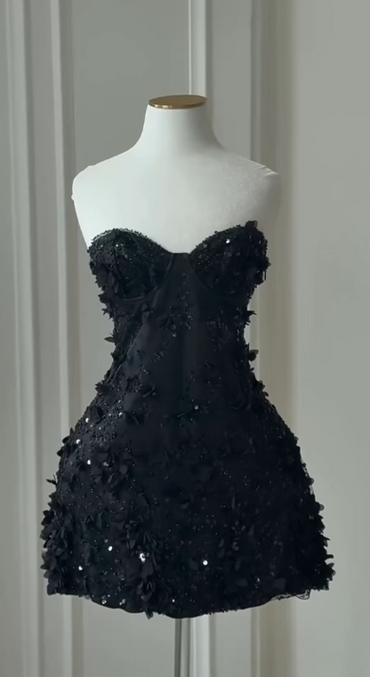 Fashion Black Short Homecoming Dress Sheath Tulle Applique Birthday Dress ED10835