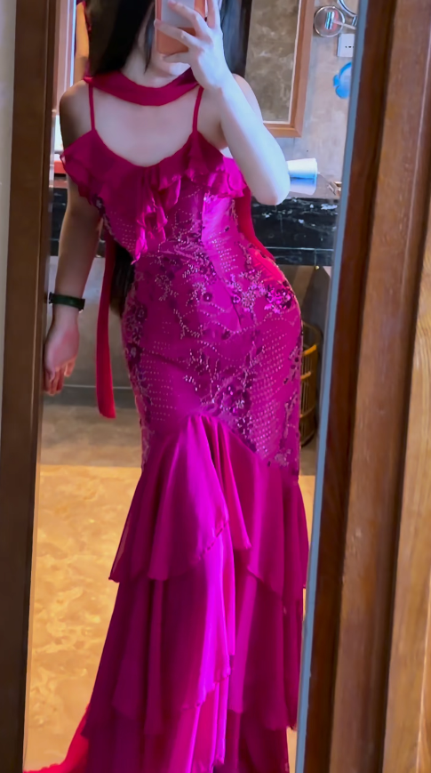Fashion Pink Long Evening Dress Sheath Chiffon Prom Dress ED10841