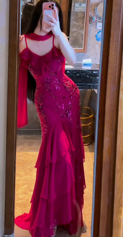 Fashion Pink Long Evening Dress Sheath Chiffon Prom Dress ED10841