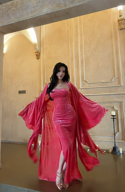 Modisches Abendkleid in leuchtendem Pink, Etuikleid aus Samt, bodenlang ED10842