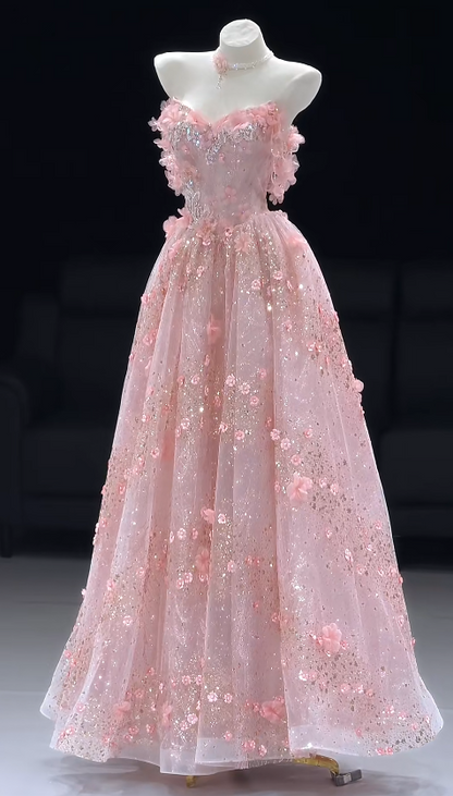 Fashion A-Line Tulle Long Evening Dress Pink Prom Dress ED10846