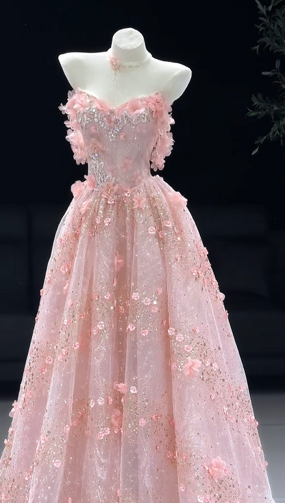 Fashion A-Line Tulle Long Evening Dress Pink Prom Dress ED10846