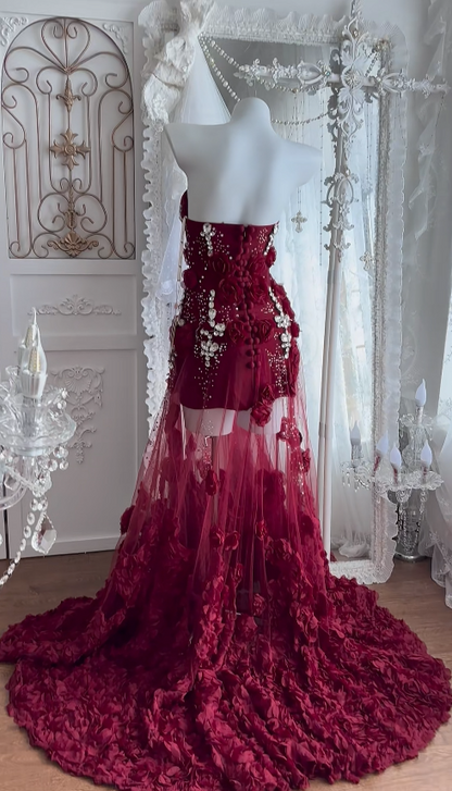 Elegantes Etuikleid aus Tüll, langes Abendkleid, burgunderrotes Abschlussballkleid ED10849