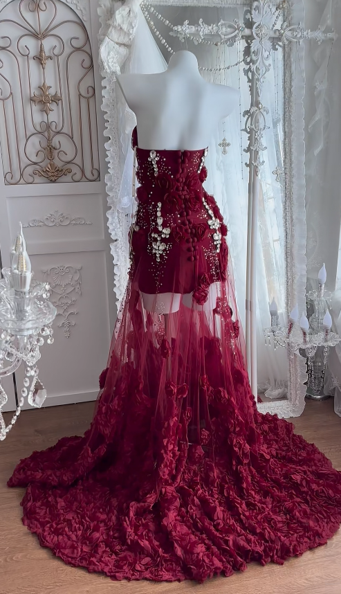Elegantes Etuikleid aus Tüll, langes Abendkleid, burgunderrotes Abschlussballkleid ED10849